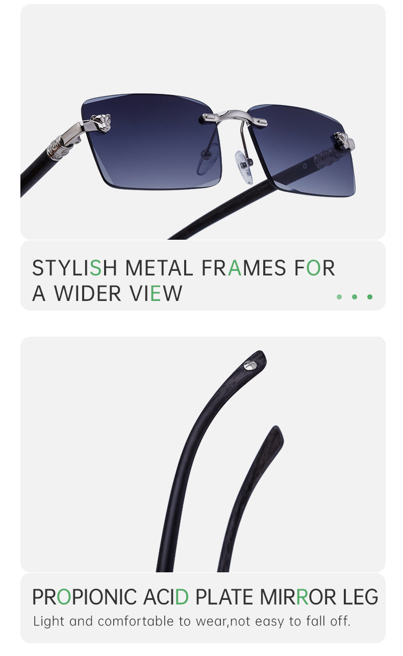 European and American Retro Frameless Sunglasses for Men with Imitation Wood Grain Temples, Men's Mountaineering Glasses shades