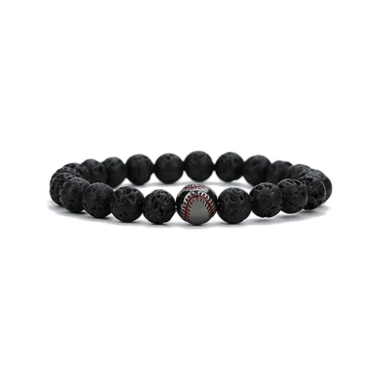 Sports Style Baseball Bracelet Men's Frosted White Turquoise8mm Beaded Bracelet Elastic Cord Volcanic Stone Baseball Bracelet