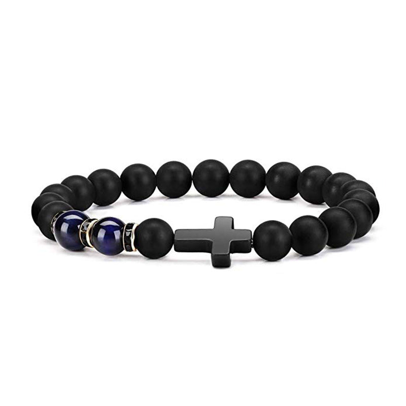 Men's Easter Bracelet Matte8mm Bead Spacer Elastic Bracelet Tiger Eye Stone Black Matte Cross Bracelet