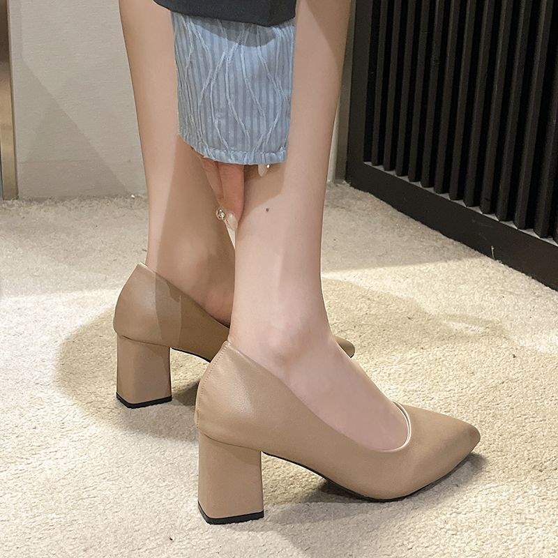 Etiquette Black Large Size High Heels Shallow Mouth Pointed Toe Non-Chafing Single Shoes Women Chunky Heel Professional Versatile Mid-Heel Work Shoes