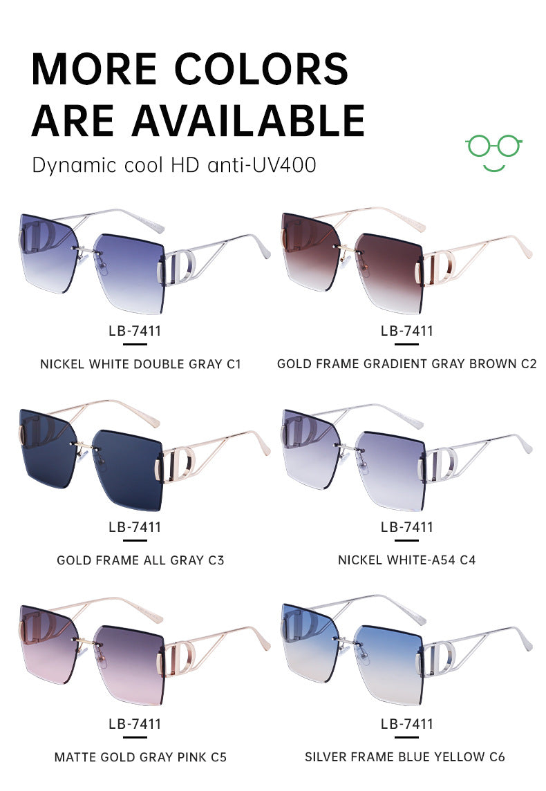 New European and American Fashion Diamond Cut Edge Rimless Sunglasses for Women Trendy Hollow Temple Large Frame Sunglasses Women's Glasses