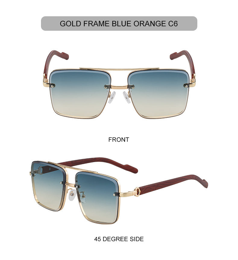 2025New European and American Fashion Square Frame Sunglasses for Men Retro Imitation Wood Grain Temple Double Bridge Sun Protection Sunglasses for Men