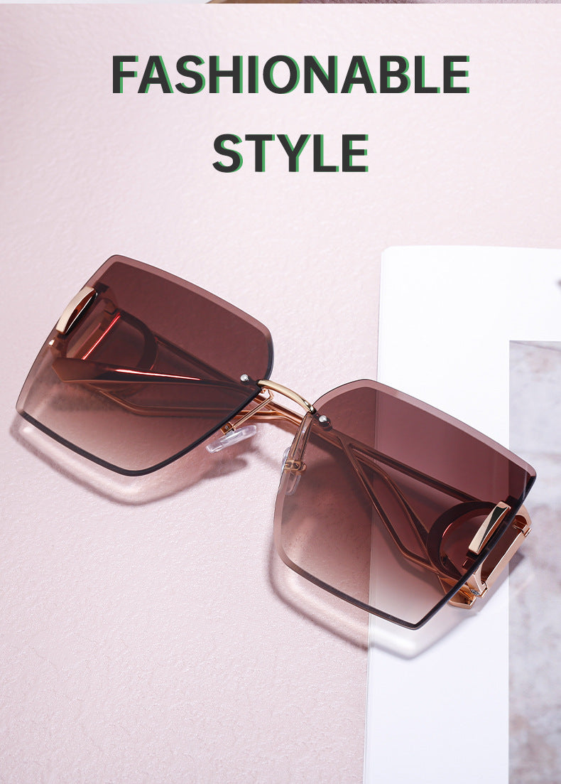 New European and American Fashion Diamond Cut Edge Rimless Sunglasses for Women Trendy Hollow Temple Large Frame Sunglasses Women's Glasses