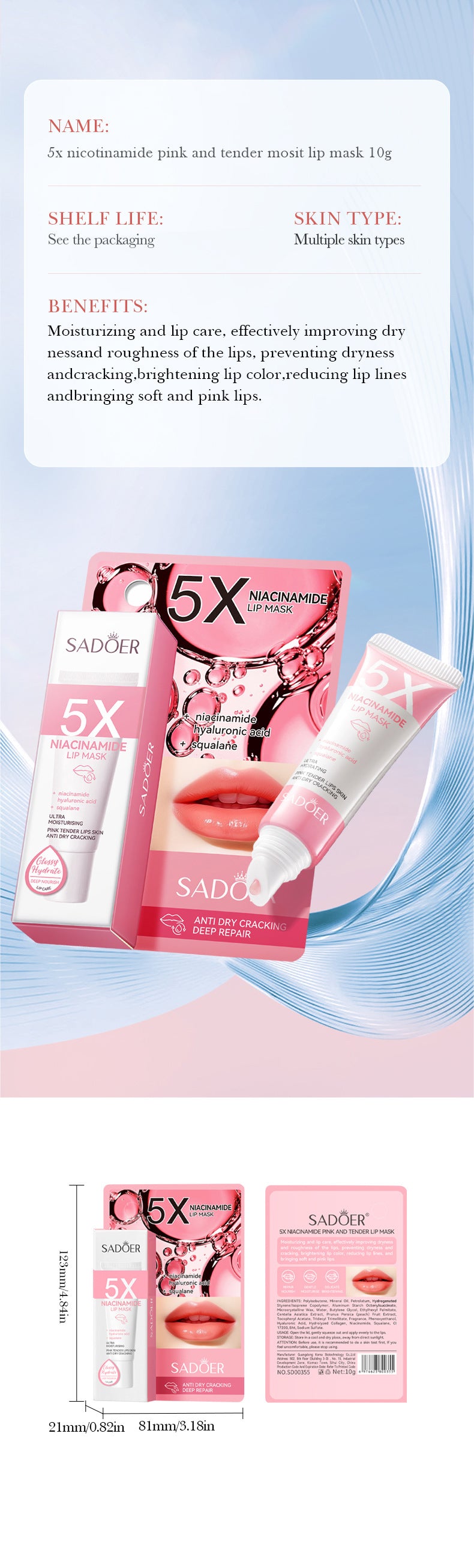 Full English5Niacinamide Lip Mask SADOER Pink anti-chapped hydrating lip balm  wholesale
