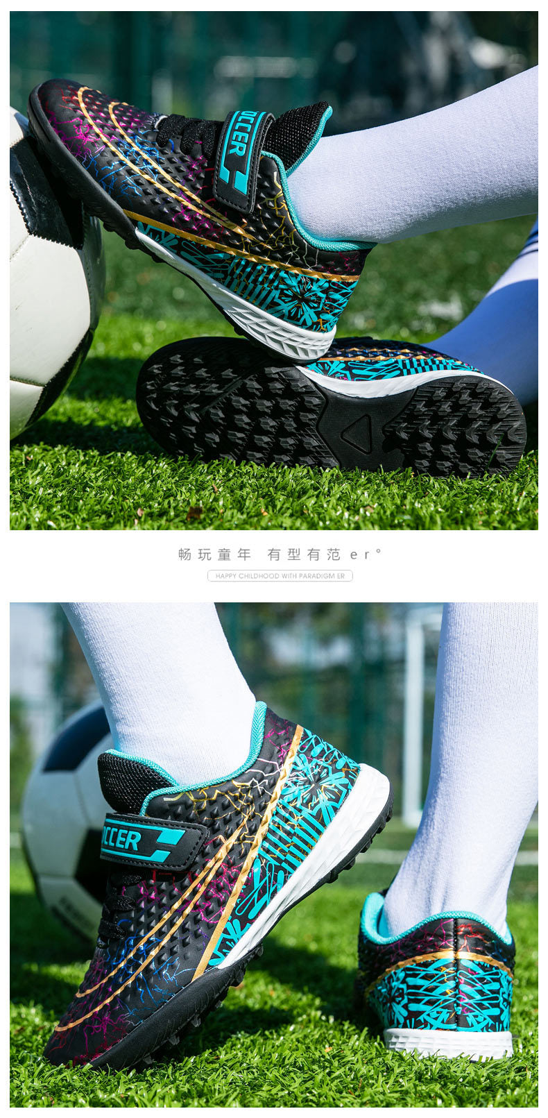 New Football Shoes for Men and Women, Children's Low-top Anti-collision Spike Magic Tape No-tie Grass Training Sports Shoes