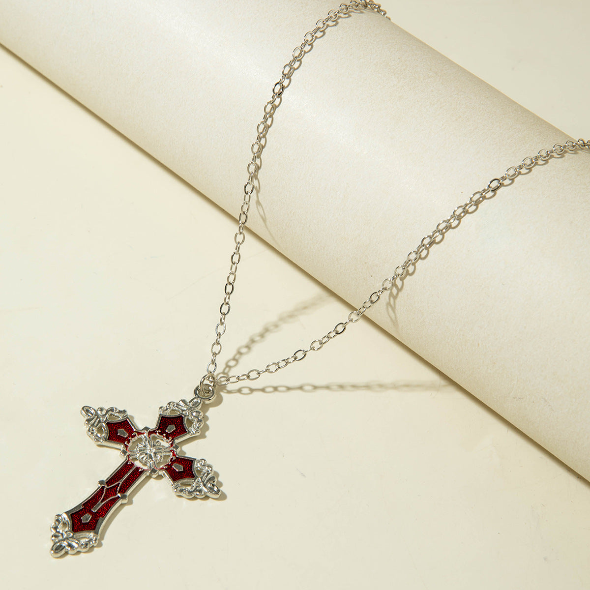 European and American Retro Hollow Diamond Cross Pendant Necklace Gothic Style Black Layered Wear Y Type Necklace