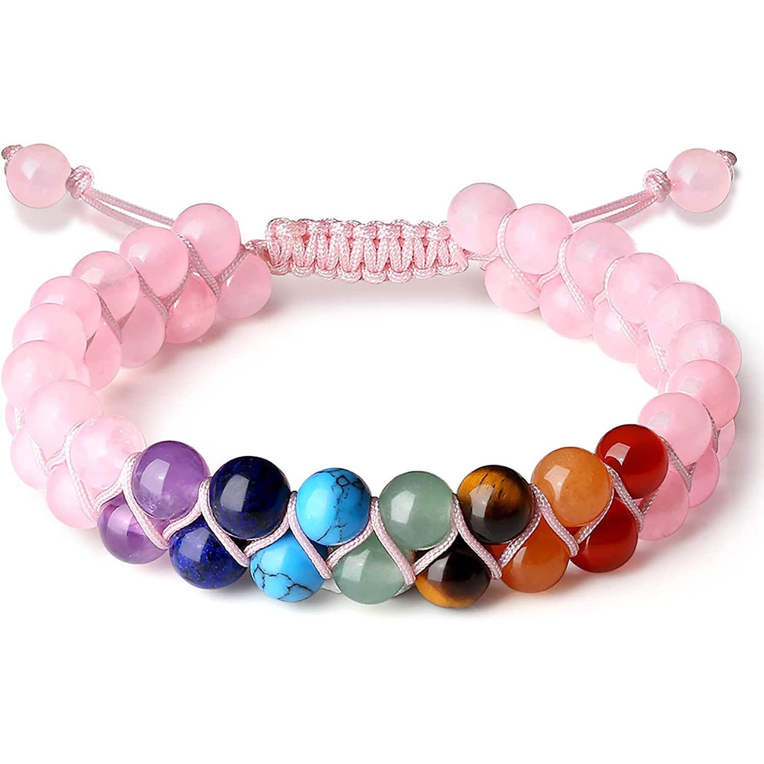 Hot Sale6mm Natural White Turquoise Colorful Double Layer Bracelet Braided Rope Adjustable Tiger Eye Stone Double Row Bracelet