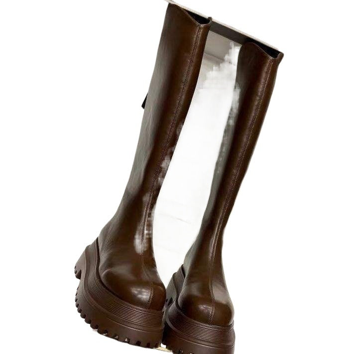 Spicy Girl Knight Long Boots2025New Women's Boots for Autumn and Winter, Thick-Soled Height-Increasing Leather Boots, High-Tube Elastic Slim Boots