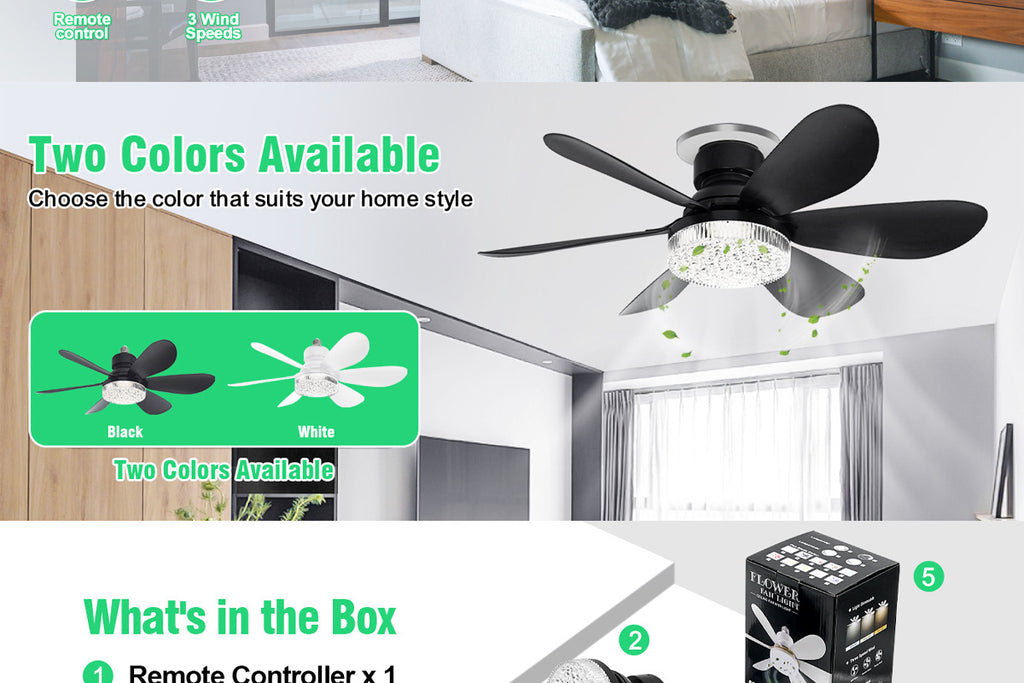 40W Crystal Fan Light Ceiling Fan Light Flower-Shaped Fan Light Living Room Ceiling Fan Light Simple Detachable Fan Blade Light Colorful