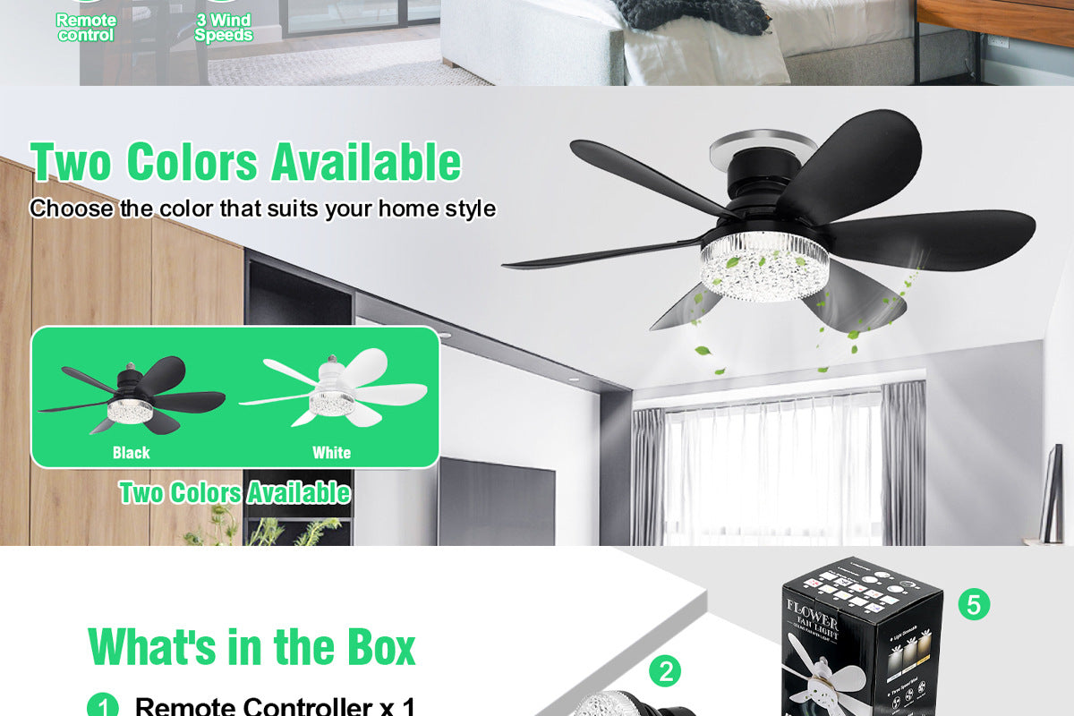 40W Crystal Fan Light Ceiling Fan Light Flower-Shaped Fan Light Living Room Ceiling Fan Light Simple Detachable Fan Blade Light Colorful