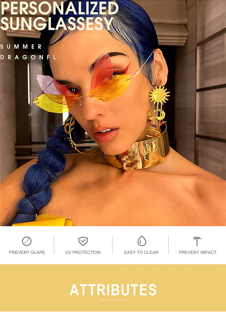 Dragonfly Sunglasses for Women, Stylish Wing Design, Fashionable Double Lens Party Dance Frameless Sunglasses