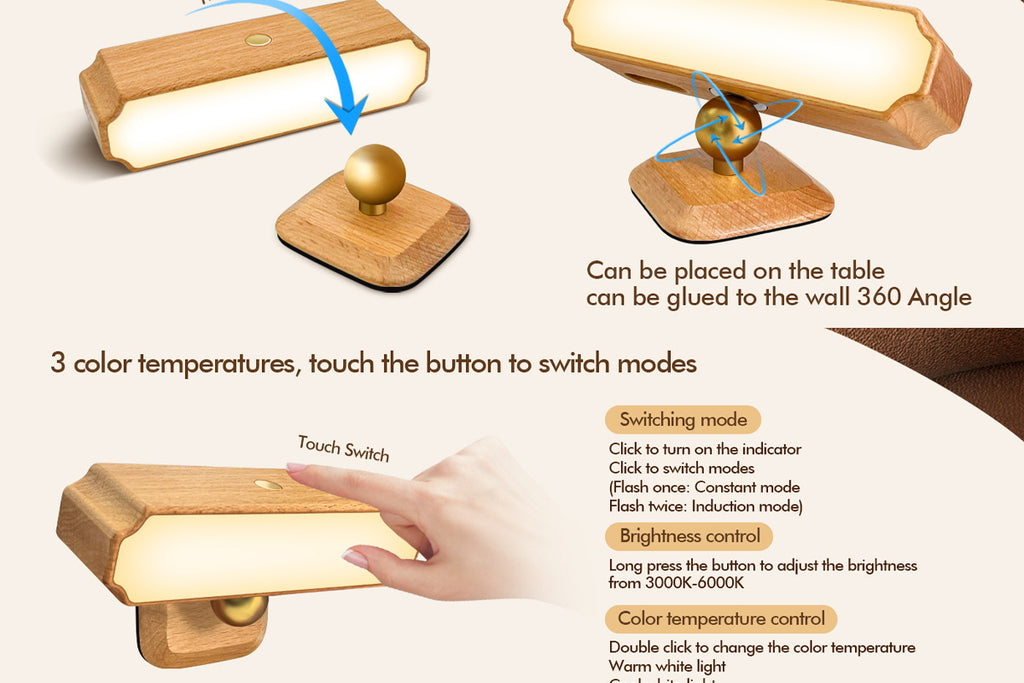 Solid Wood Wall Lamp Human Body Sensing Wireless Reading Wall Lamp Magnetic Night Light Desktop Warm Light Suitable for Staircase Corridor