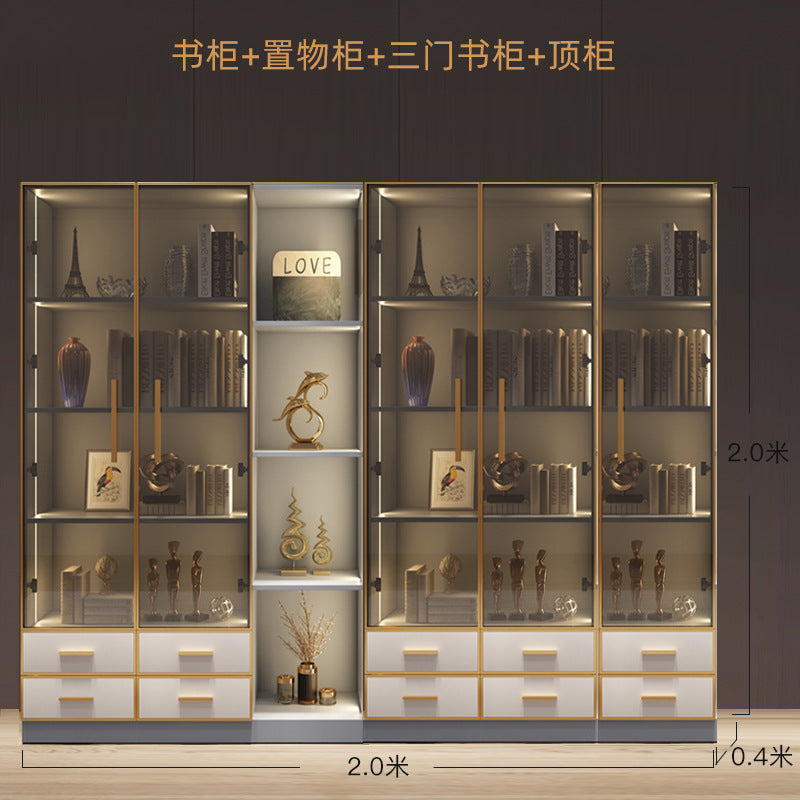 Modern Light Luxury Bookshelf Paint-Free Board Aluminum Alloy Glass Door Combination Bookshelf Wine Cabinet Simple Floor Storage Cabinet Integrated