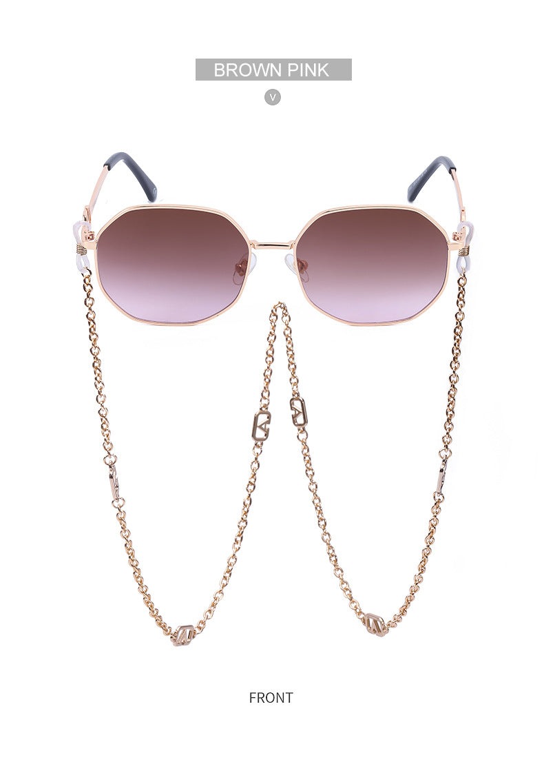 Chain Sunglasses for Women, Internet Celebrity Style, Anti-Drop Chain, Irregular Polygonal Full Frame Sunglasses for Women, Trendy