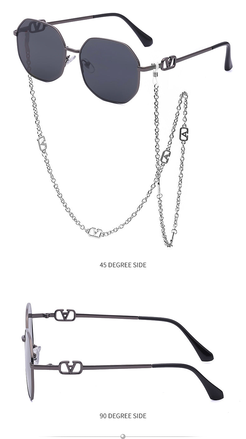 Chain Sunglasses for Women, Internet Celebrity Style, Anti-Drop Chain, Irregular Polygonal Full Frame Sunglasses for Women, Trendy