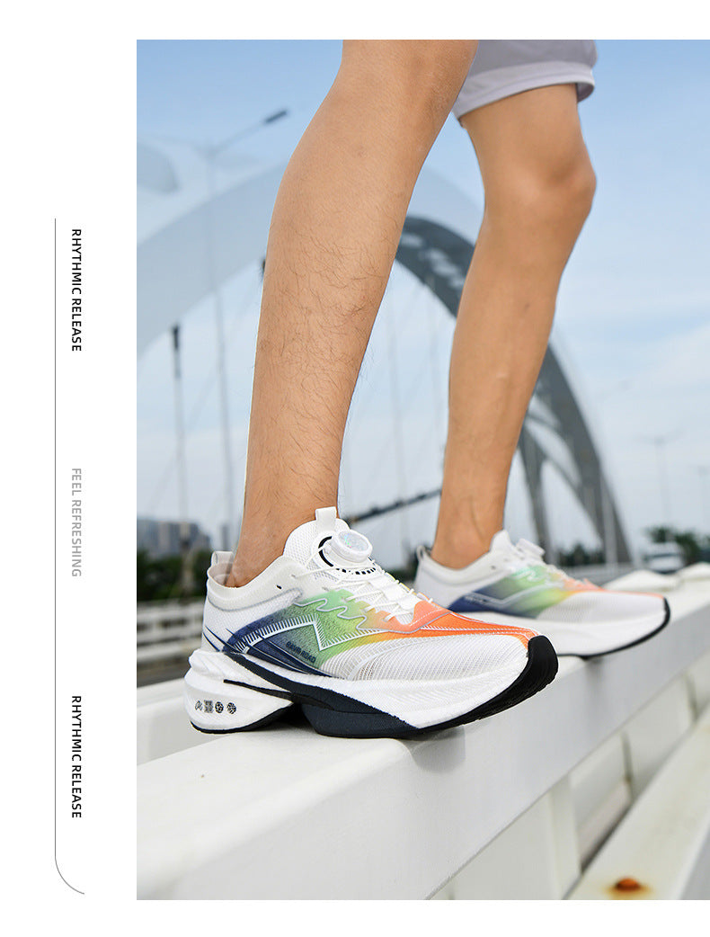 Summer New Hollow Breathable Rotating Buckle Racing Running Shoes Full Palm Carbon Plate Thick Sole Cushioning Sports Shoes