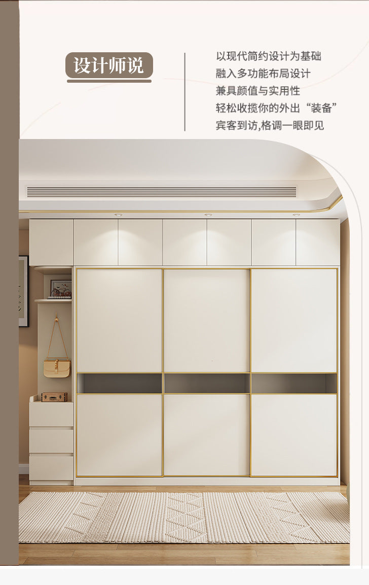 Cream Style Sliding Door Wardrobe Modern Simple Bedroom Home Use Sliding Door Cabinet Light Luxury Sliding Door Coat Wardrobe