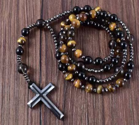 Black Gallstone Elastic Bracelet for Women Friendship Gift Cross Pendant Tiger Eye Blue Vein Agate Beaded Bracelet
