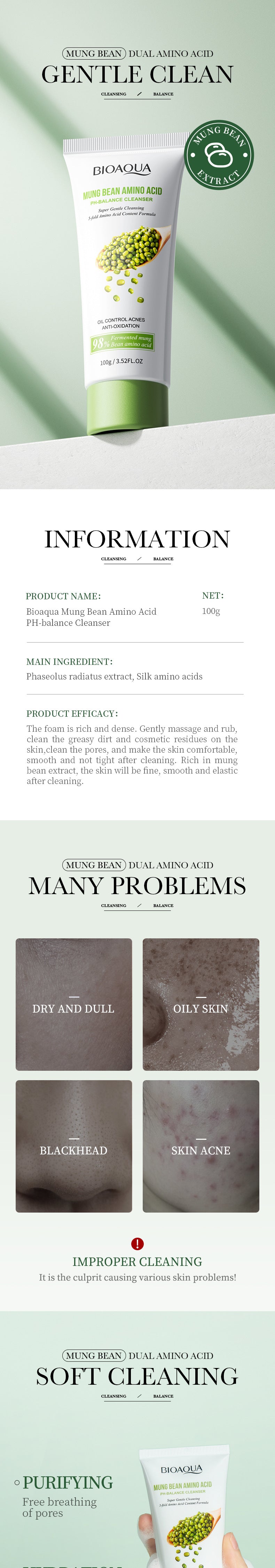 Amino Acid Facial Cleanser BIOAOUA Mung Bean Deep Cleansing Refreshing Facial Cleanser Cross-Border Wholesale