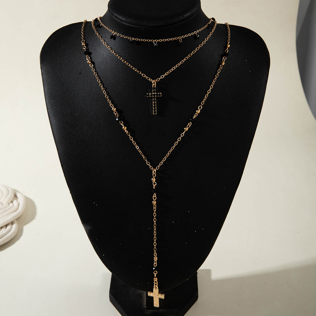 European and American Fashion Sense y Women's Tassel Necklace Creative Personality Double Layer Cross Pendant Collarbone Chain Necklace