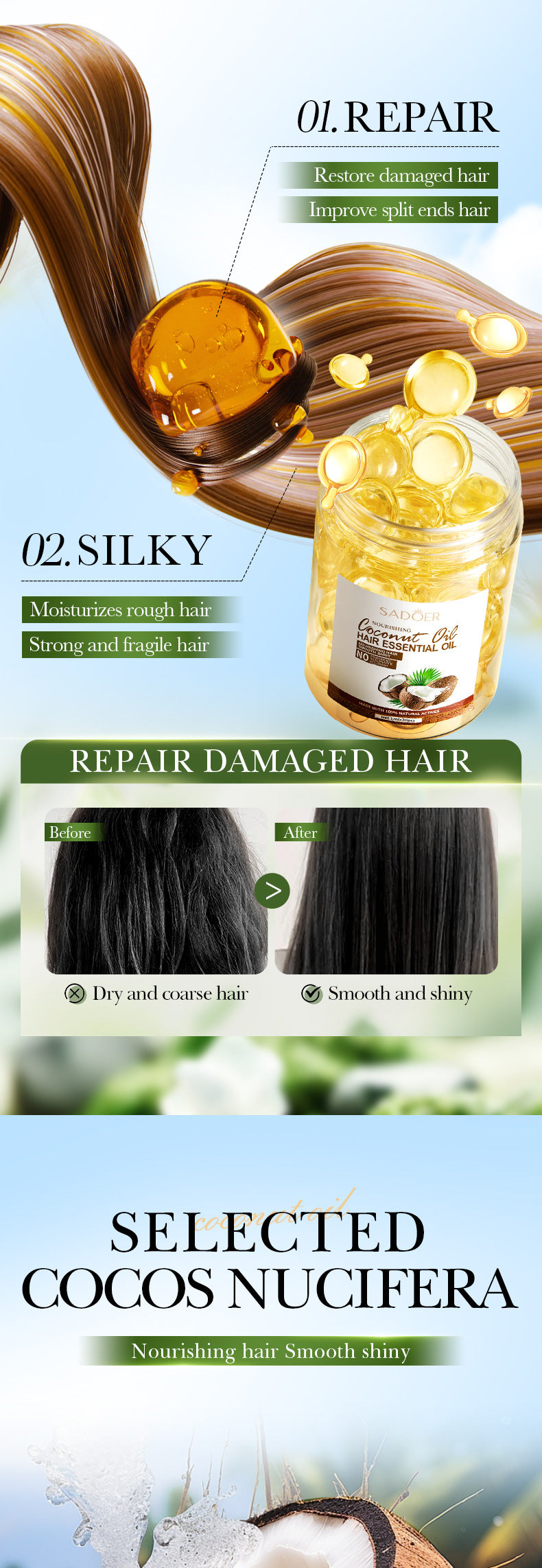 Full English Coconut Oil Smooth Conditioner SADOER Nourishing and Smooth Hair Care Essential Oil Capsules  Wholesale