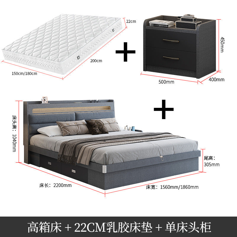 Technology Cloth Bed1.8Small Apartment Bedroom Double Bed Gray High Box Storage Bed with Technology Fabric Wear-Resistant Bed