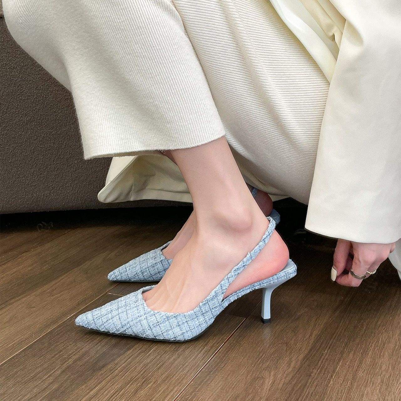 Chanel-inspired Sea Salt Blue Pointed High Heel Sandals2025New Women's Shoes with Open Back and Half Closed Toe Fashion Single Shoes