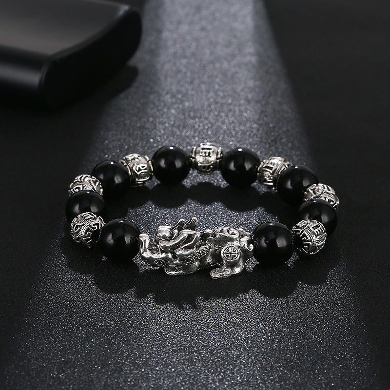 Imitation Obsidian silver Pixiu Bracelet for Women, Wealth-Attracting and Blessing Multi-Gem Bracelet with Six-Word Mantra Buddhist Beads Pixiu Bracelet