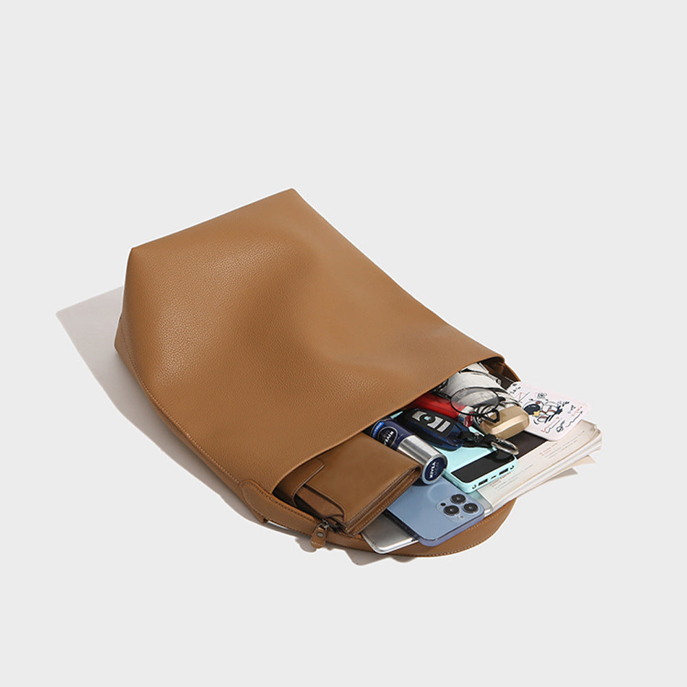 New Large Capacity Genuine Leather Row Bucket Bag Tote Underarm Bag Women's Casual Handheld Single Shoulder Cowhide Bag