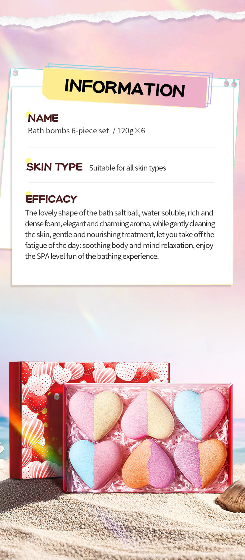 Cross-Border Bath Salt Balls6Set  Heart-shaped Bath Bomb Bath Salt Ball Boxed Export Manufacturer Wholesale