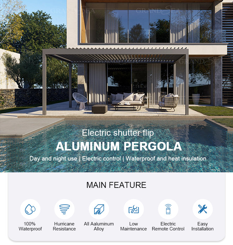 Outdoor Garden Motorized Louvered Roof System Bioclimatic Pergola Outdoor Aluminum Pergola With Sliding Glass Door and Louvered