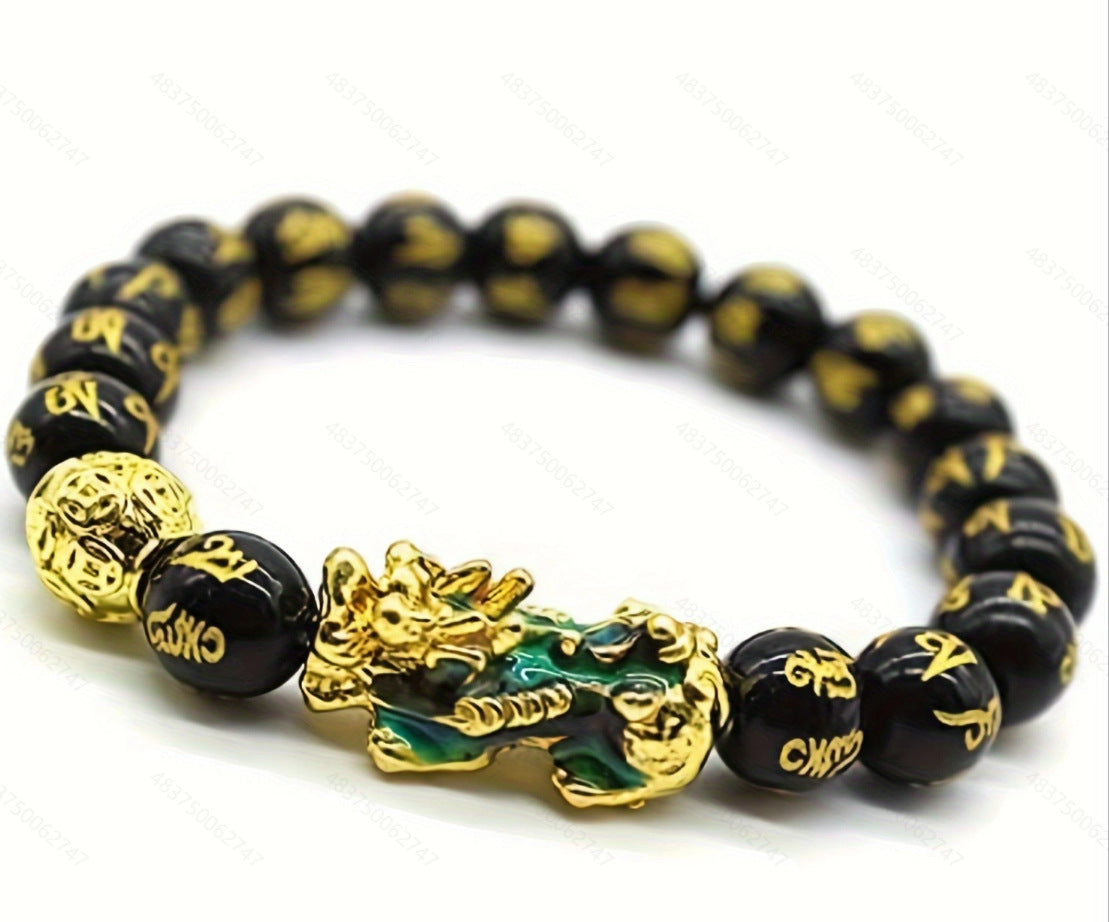Imitation Obsidian silver Pixiu Bracelet for Women, Wealth-Attracting and Blessing Multi-Gem Bracelet with Six-Word Mantra Buddhist Beads Pixiu Bracelet