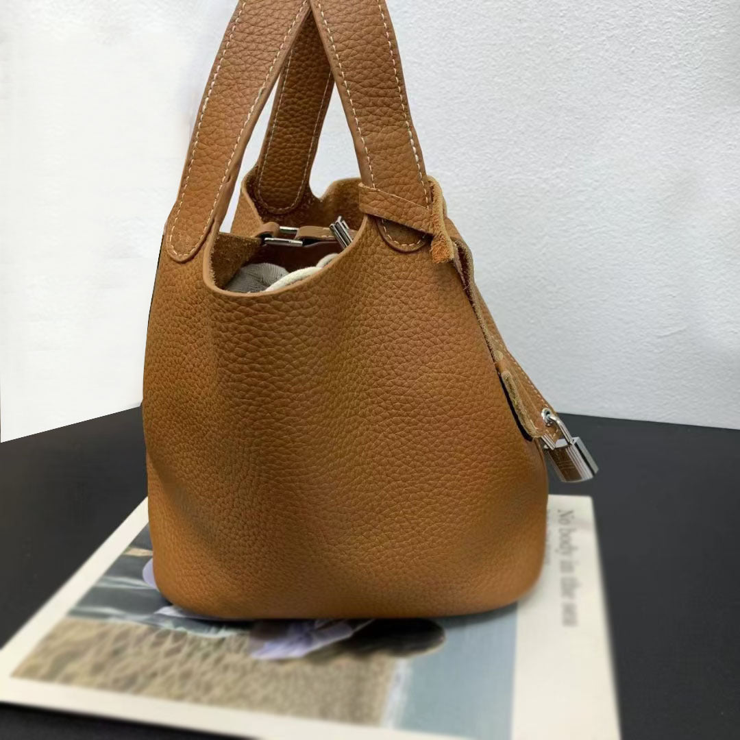 Genuine Leather Basket Bag2024New high-end casual bucket bag for women, top layer cowhide commuter handbag