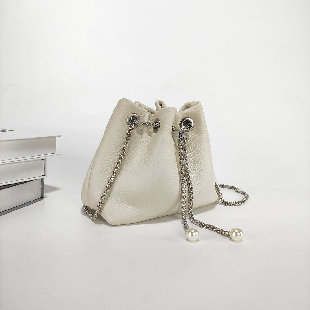 Niche Genuine Leather Bucket Bag for Women2024New Mini Small Bag Top Layer Cowhide Autumn Chain Shoulder Crossbody Bag