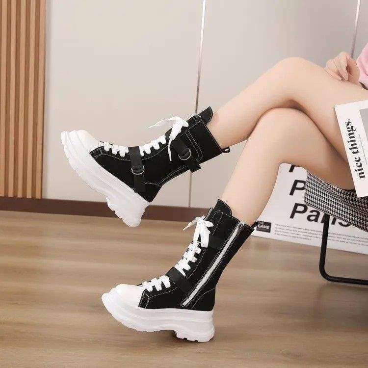 2025Summer New Korean Style High-Top Canvas Martin Boots High Heel Round Toe Non-Slip Height Increasing Trend Korean Style Solid Color Series