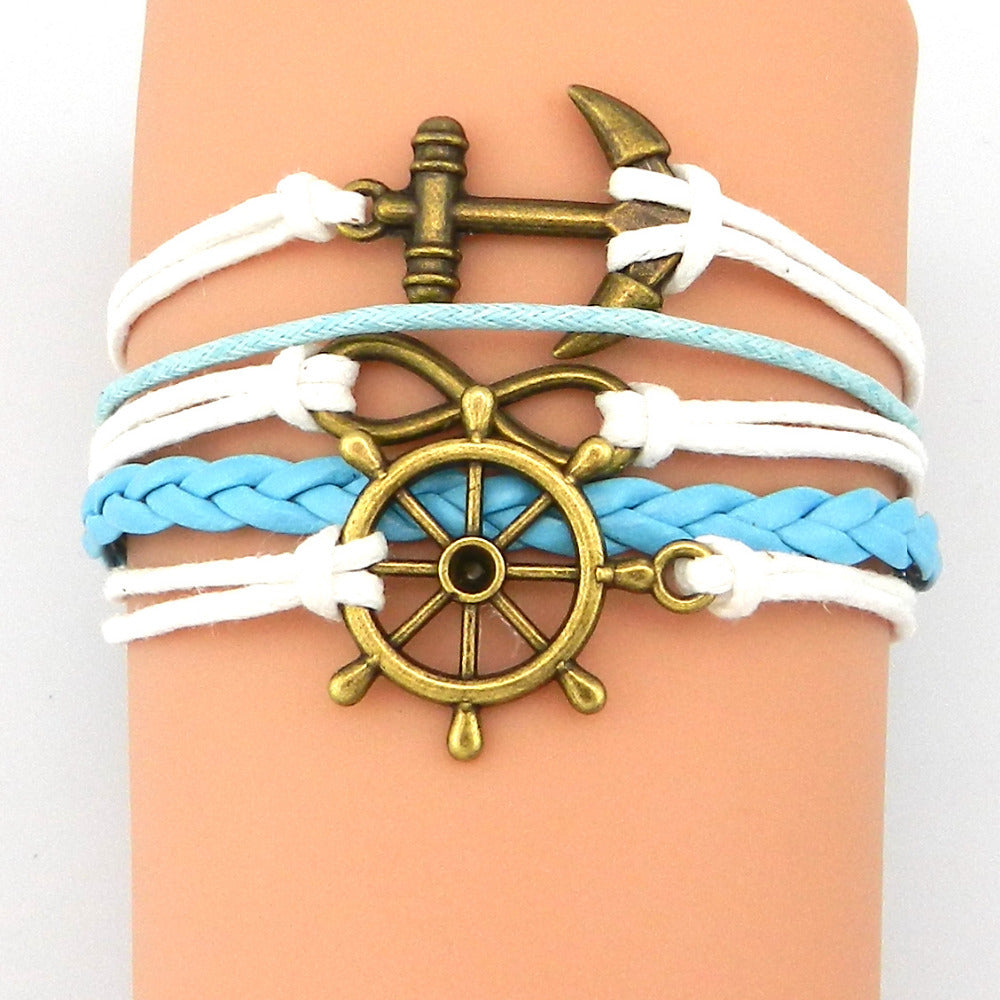 Vintage Anchor Multi-layer Braided Bracelet Owl Cross Bracelet Men's Layered Handmade Braided Leather Bracelet