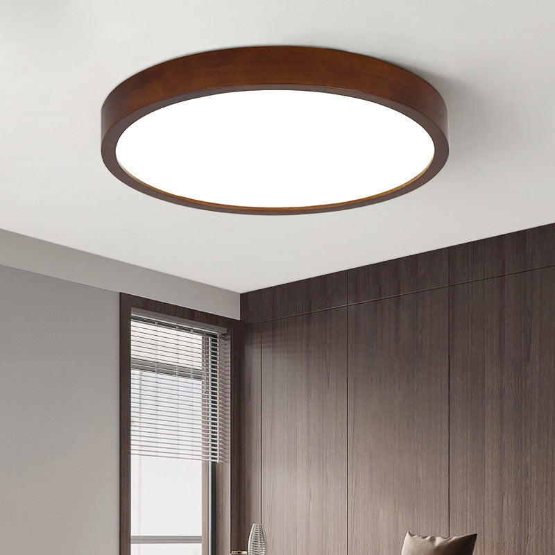 New Chinese Style Ceiling Light for Bedroom, Round Modern Simple Walnut Color Solid Wood Nordic Room LED Lamp