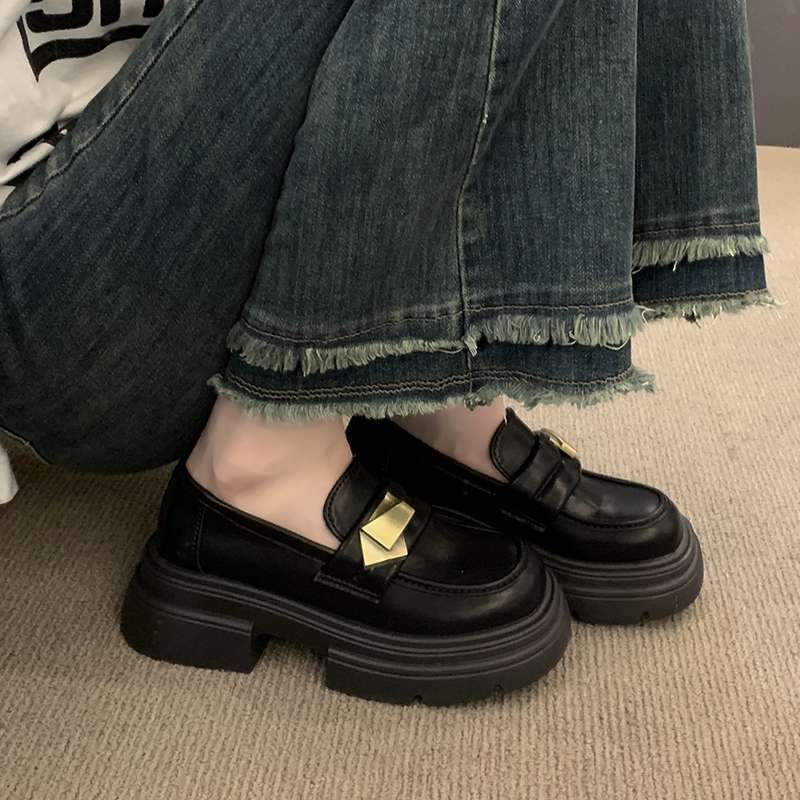 Black Thick Sole Heightening Loafers Women's Shoes2025Spring New Slip-On Shoes British Style Big Toe Small Leather Shoes
