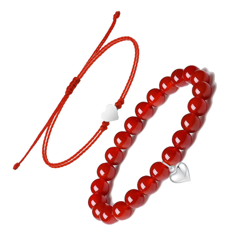 Black Onyx Heart Pendant Bracelet Set Natural Stone8mm Beaded Crystal Bracelet Women's Love Braided Bracelet