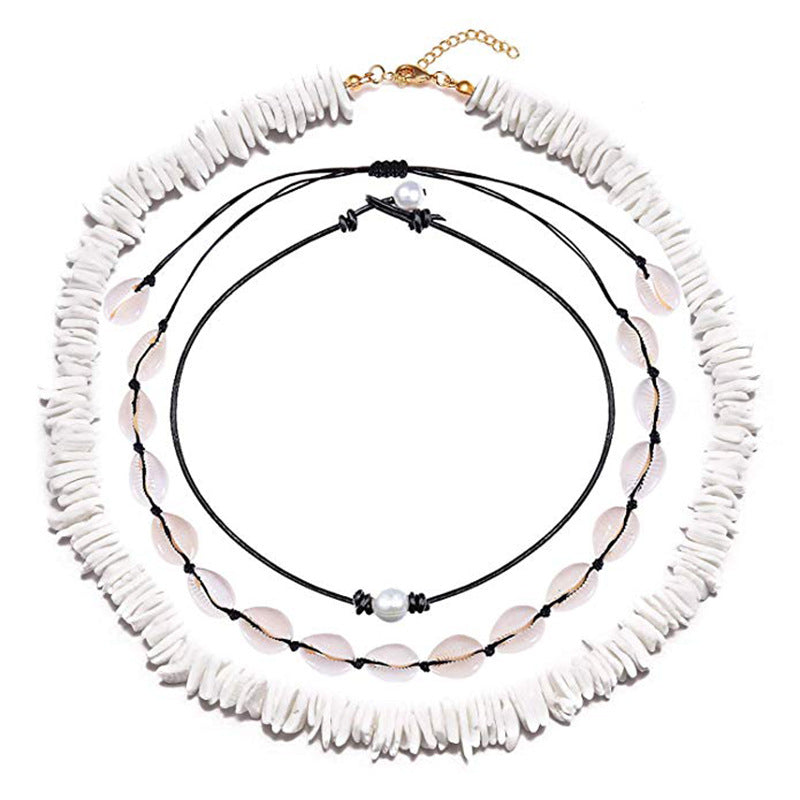 Women's Beach Shell Necklace Blue Pine Beaded Extension Chain Stretchable Handmade Woven Fragmented Shell Necklace Set