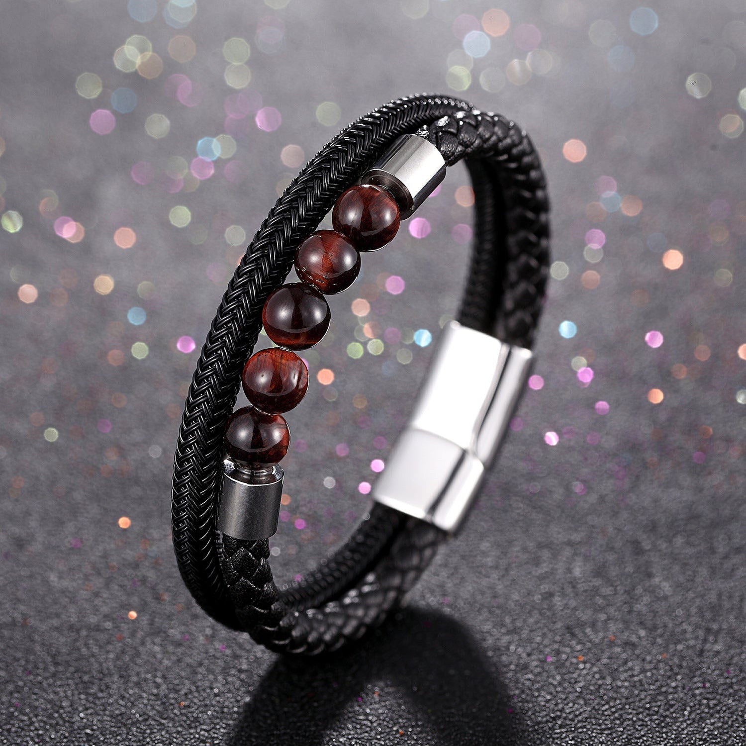 Men's Leather Bracelet Double Layer Bracelet Women's Stainless Steel Magnetic Buckle Bracelet Tiger Eye Stone Leather Bracelet