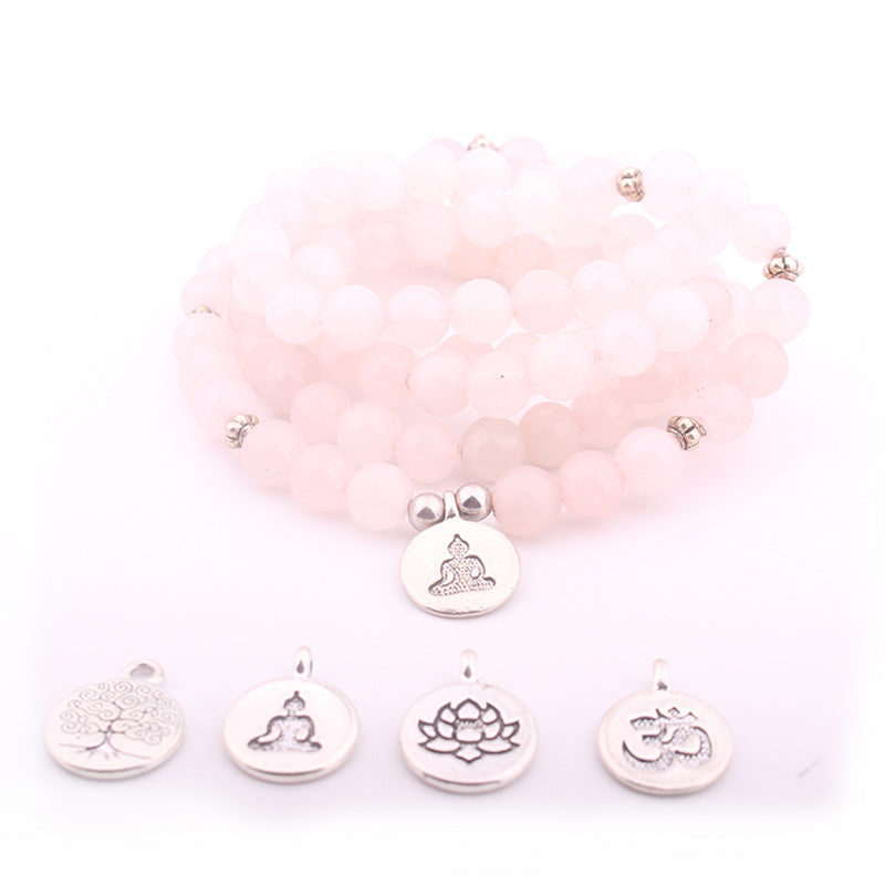 108Pink Quartz Bracelet Lotus Lucky Tree Pendant Labradorite Braided Bracelet Agate Tiger Eye Elastic Bracelet