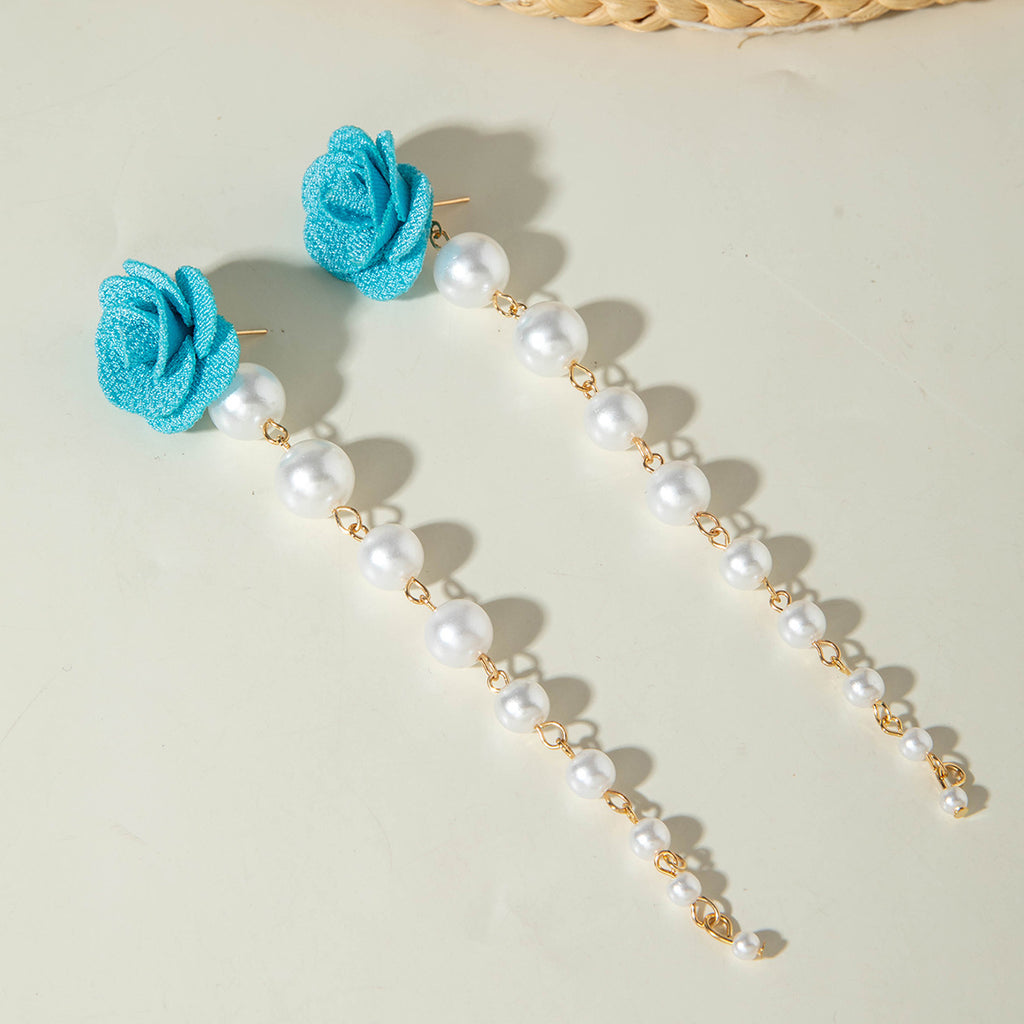 European and American Fresh Fabric Colorful Pearl Earrings Sweet Rice Bead Tassel Tulip Flower Earrings