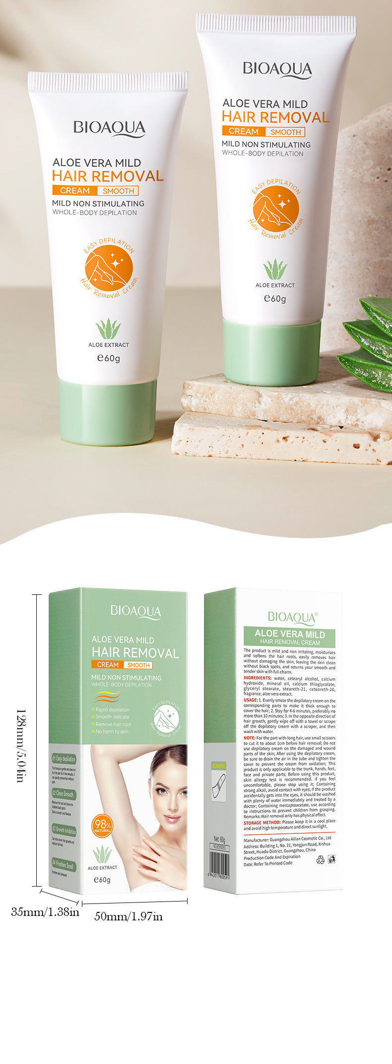 Full English Aloe Vera Hair Removal Cream60g BIOAOUA Hair Removal Non-Irritating  Wholesale