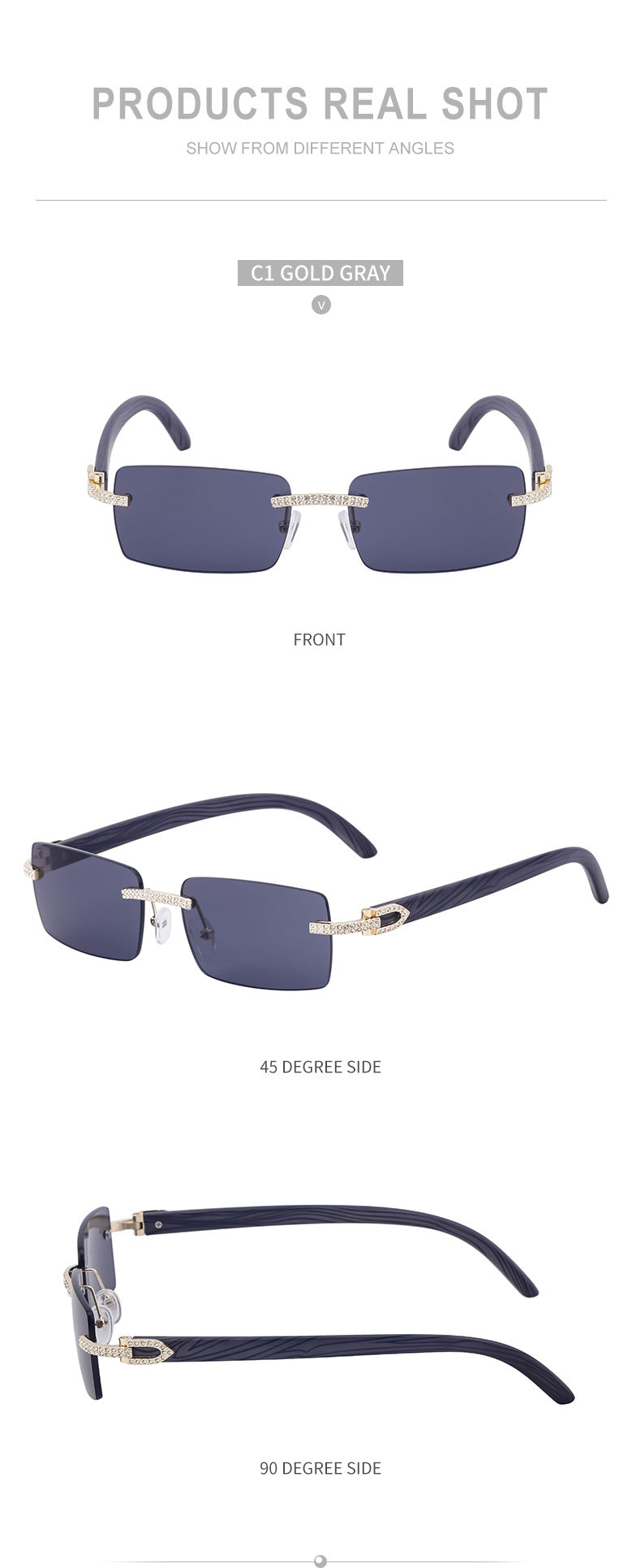 European and American Retro Frameless Men's Sunglasses with Diamond Inlay and Wood Grain Temples New Style Glasses Wholesale shades