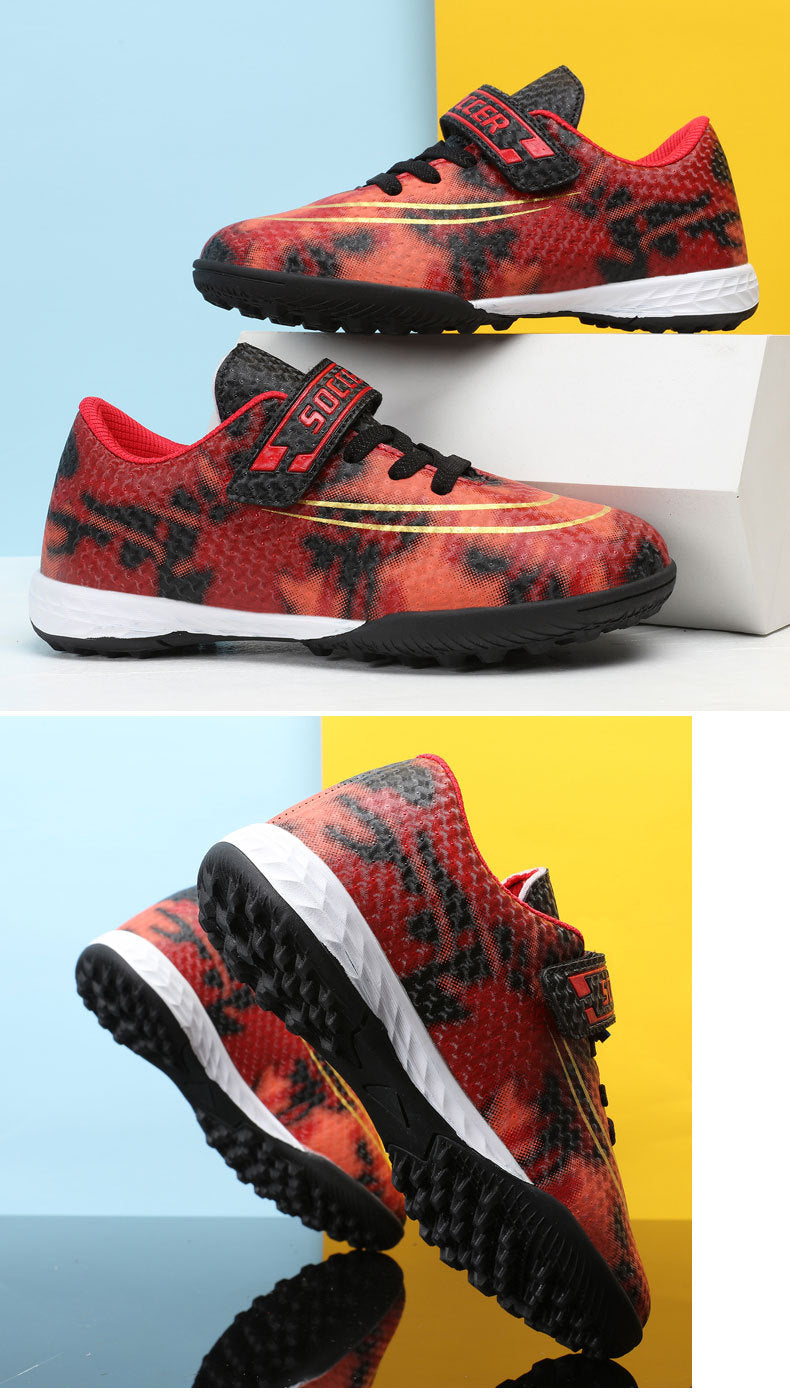 New Football Shoes for Men and Women, Children's Low-top Anti-collision Spike Magic Tape No-tie Grass Training Sports Shoes