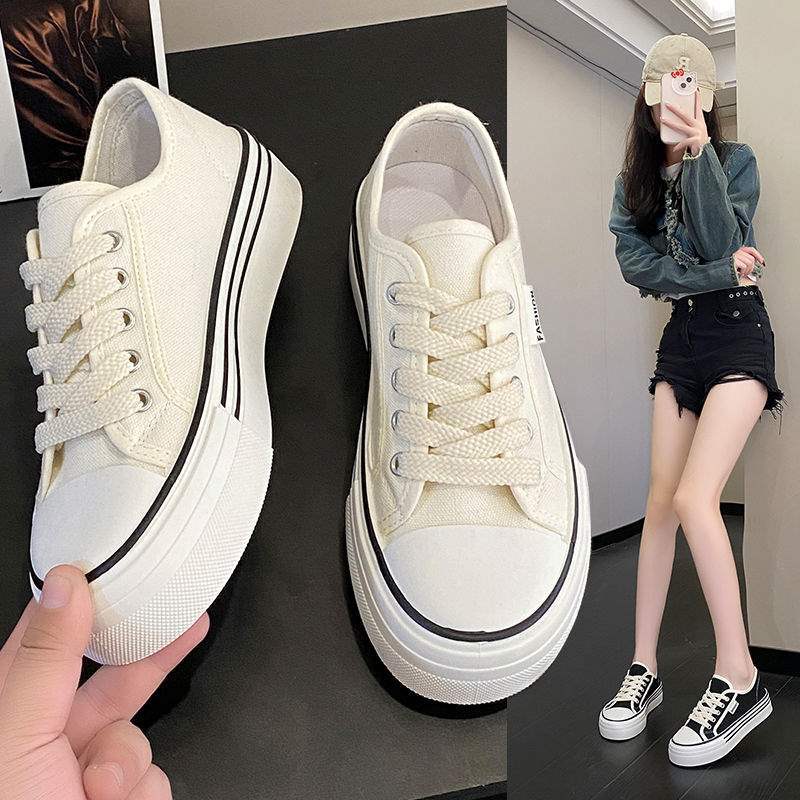 Internet Celebrity Thick-Soled Biscuit Canvas Shoes for Women2025New Spring and Autumn Versatile Breathable Casual White Sneakers