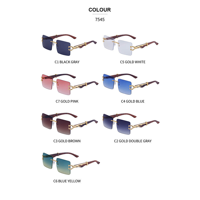 Vintage Rimless Sunglasses for Women with Leopard Wood Grain Temples, Square Frame Sunglasses for Men, Trendy Eyewear shades