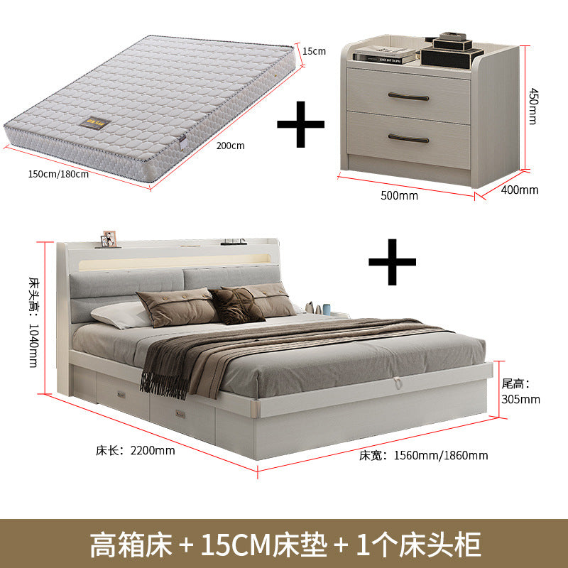 Fabric Bed1.5Small Apartment Master Bedroom Soft Pack Technology Fabric Modern Double Bed White Simple Solid Wood Storage Bed