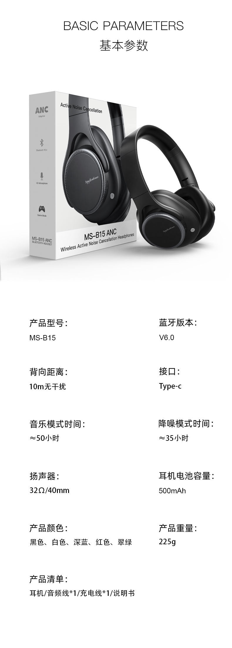 Private Model2025New model with deep bass and long battery life ANC Noise reduction wireless over-ear Bluetooth headphones with patent B15